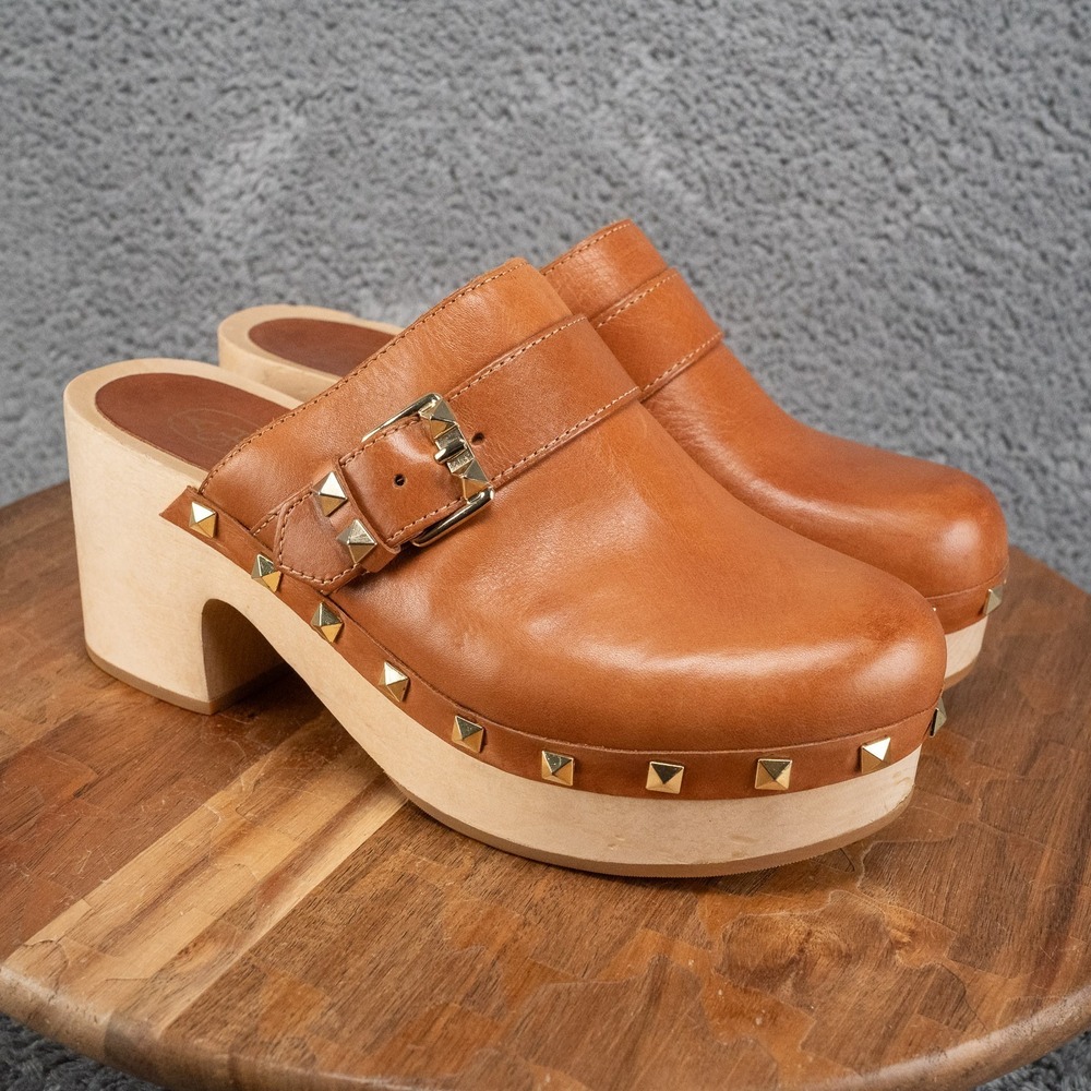 Leather Mules & Clogs Ash Brown Studded Size 38 EU Y2K Vibes Chunky Heel